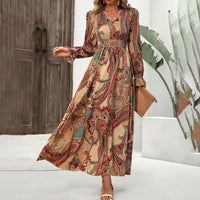 Women's V-Neck Floral Print Long Sleeve Maxi Dress - A-Line Hem With Lace Cuff Details, Elegant Bodycon Dress For Spring&Summer