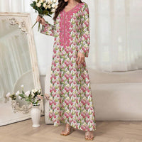 Women's Elegant Pink Floral Print Maxi Dress Vacation Style Long Sleeve A-line Flowy Dress
