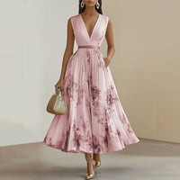 Women's Deep V-Neck Floral Print Sleeveless Maxi Dress With Pockets - Flowy Ruffle Hem Summer Beach Dress
