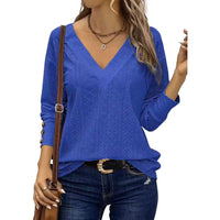 Womens Long Sleeve Eyelet Tops V Neck Fall Shirts Casual Loose Blouses Trendy Clothes