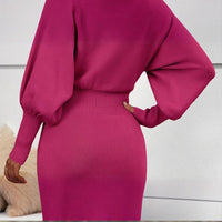 Women's Solid Color Round Neck Lantern Sleeve Bodycon Dress - Elastic Waist Knee-Length Knit Dress