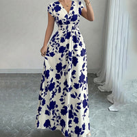 Women's Wrap V Neck Short Sleeve Empire Elastic Waist Summer Casual Elegant Maxi Long Dresses
