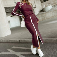 Women's 2 Piece Skirt Set, Fall Long Sleeve Sweatshirt With Midi Skirt Casual Lounge Outfit