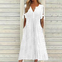 Women's Eyelet V-Neck Maxi Dress Short Sleeve Flowy A-Line Summer Beach Dress