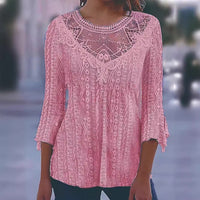 2023 Summer New Comfortable Leisure Hollow Out Perspective Lace Splicing Seven Quarter Sleeve Top