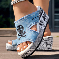 Newspaper Skull Original Hem Platform Wedge Slides - Anklet Not Included