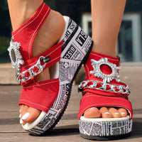 Newspaper Buckle Denim Wedge Slides - Anklet Not Included