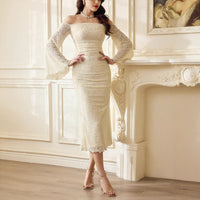European And American-style Off-neck Lace Bell Sleeve Wooden Ear Slim-fit Long Dress