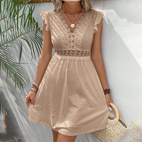 Women's V Neck Lace Mini Dresses Casual Summer Ruffle Sleeve Crochet Sundresses