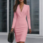 Women's Elegant Solid Color V-Neck Long Sleeve Midi Dress Slim Fit Office Dress For Spring & Summer