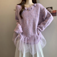 Plus Size Women's Floral Lace Trim Sweater, Long Sleeve Eyelet Knit Top With Decorative Flowers For Autumn And Winter