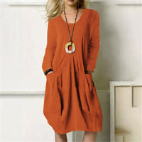 Women's Cotton Linen Loose Casual Solid Color Pocket Dress