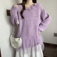 Plus Size Women's Floral Lace Trim Sweater, Long Sleeve Eyelet Knit Top With Decorative Flowers For Autumn And Winter