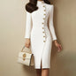 Elegant Solid Color Women's Long Sleeve Dress, Stand Collar With Golden Buttons Bodycon Slit Hem Dress For Formal Occasions