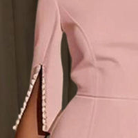 Women's Solid Color Pearl-Embellished Round Neck Dress - Elegant Back Zipper & Slit Sleeve Formal Dress