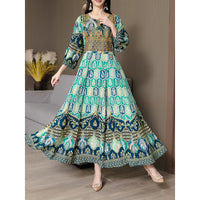 Women's Bohemian Print Maxi Dress, Ethnic Style Round Neck 3 4 Sleeve Embroidered Flowy Party Dress