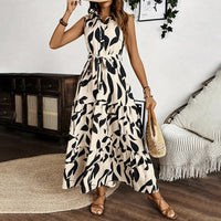Women Sleeveless Boho Floral Maxi Dress Summer Button Shirt V Neck Flowy Belted Beach Vacation Dresses