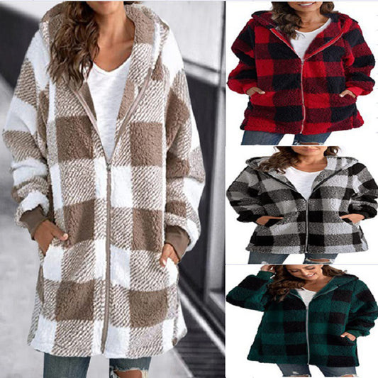 Women's Plaid Hooded Jacket, Long Sleeve Zip Up Oversized Coat With Pockets For Winter Casual And Commute