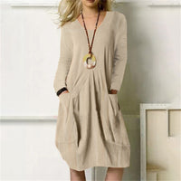 Women's Cotton Linen Loose Casual Solid Color Pocket Dress