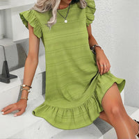 Womens Plus Size Round Neck Solid Dress Falbala Sleeveless Ruffled Summer Dress With Pleated Detail