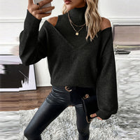 Women's Elegant Off-Shoulder Turtleneck Sweater, Solid Color Long Sleeve Knit Top For Autumn & Winter