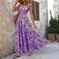Women's Sexy V-Neck Short Sleeve Maxi Dress Summer Prints And Flowy Big Hem Beach Dresses