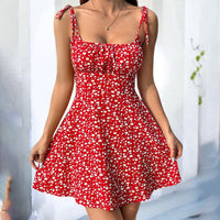 Womens Floral Mini Dress Spaghetti Strap Sleeveless Tie Shoulder Ruffle Summer Boho Dresses