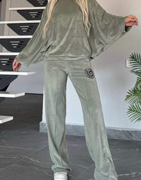 Velvet Solid Color Crew-neck Batwing Sleeve Casual Two-piece Suit Women's Clothing