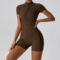 Women’s Summer Zip-Up Yoga Bodysuit – Short Sleeve Form-Fitting One-Piece