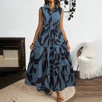 Women Sleeveless Boho Floral Maxi Dress Summer Button Shirt V Neck Flowy Belted Beach Vacation Dresses