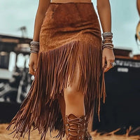 Western Boho Fringe Skirt – Asymmetrical Pull-On Denim Style Midi Skirt