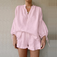 Women's Solid Color 2-Piece Set V-Neck Tie Long Sleeve Top With Short Ruffle Hem & Elastic Waist Shorts Casual Elegant Outfit