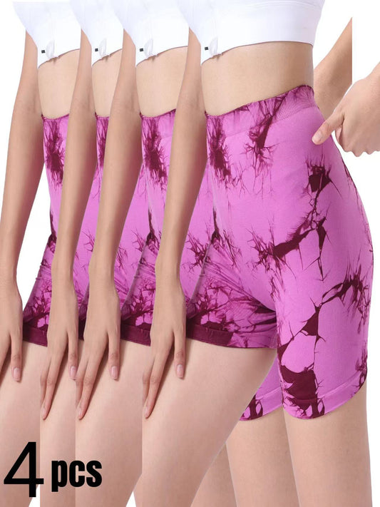 4-Pack Women’s Tie-Dye Scrunch Butt Workout Shorts – High-Waisted Gym Activewear