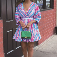 Women's V-Neck Rainbow Stripe Short Dress Three Quarters Sleeve Casual Summer Sundress With Tie Waist