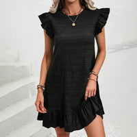 Womens Plus Size Round Neck Solid Dress Falbala Sleeveless Ruffled Summer Dress With Pleated Detail