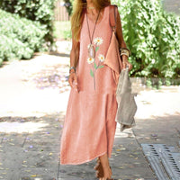 Large Design Cotton And Linen Retro Printed V-neck Dress