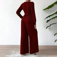 Elegant Cross V-Neck Belted Jumpsuit – Long Sleeve Wide-Leg Pantsuit