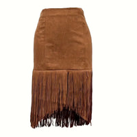 Western Boho Fringe Skirt – Asymmetrical Pull-On Denim Style Midi Skirt