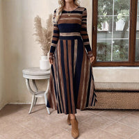 Women's Vintage Maxi Dress, Long Sleeve Crewneck Empire Waist Long Dress, Slim Fit Fall Casual Boho Chic Dress