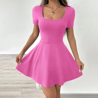 Women's Square Neck Short Sleeve Ruffle Hem A Line Flare Mini Basic Dress