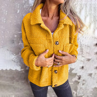 Plus Size Women's Solid Color Sherpa Jacket, Long Sleeve Lapel Single Breasted Fleece Coat With Pockets For Autumn Winter