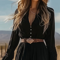 Women's Vintage Western V-Neck Dress A-Line The Waist Lace Trim Casual Asymmetric Hem Summer Dress