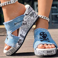 Newspaper Skull Original Hem Platform Wedge Slides - Anklet Not Included