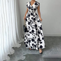 Women's Wrap V Neck Short Sleeve Empire Elastic Waist Summer Casual Elegant Maxi Long Dresses
