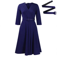 Women's Elegant V-Neck Cross-Wrap A-Line Dress With Belt & Ruffled Hem - Office & Casual Solid Dress For Spring&Summer