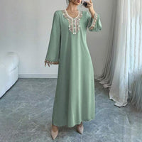 Women's Middle Eastern Embroidered Maxi Dress - Round Neck Long Sleeve Flowy Kaftan With Exquisite Embroidery, Loose Fit