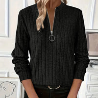 Women's Elegant Half-Zip Knit Sweater Round Neck Long Sleeve Pullover For Solid Color Casual Wear