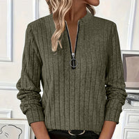 Women's Elegant Half-Zip Knit Sweater Round Neck Long Sleeve Pullover For Solid Color Casual Wear