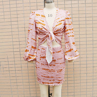 2-Piece Tie-Knot Crop Top & Mini Skirt Set – Long Sleeve Chic Outfit