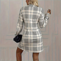 Women's Elegant Plaid Shirt Dress, Ruched Waist A-Line Mini Dress With Long Sleeves